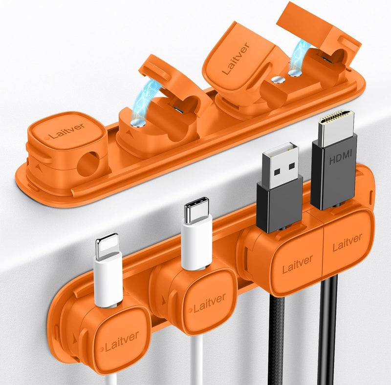 Laitver 6 Pack Magnetic Cable Clips [1s Open/Lock], Cord Organizer Holder Strong Adhesive Desk Cable Management- Organize Charging Cords Neatly for Home, Office, Car,Desk, Nightstand-Orange - Image 1